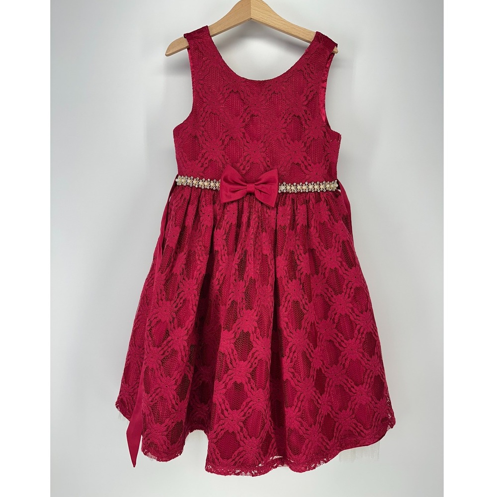 American Princess Lace Dress Girls 10 Red Satin Bow Holiday Party Special Event